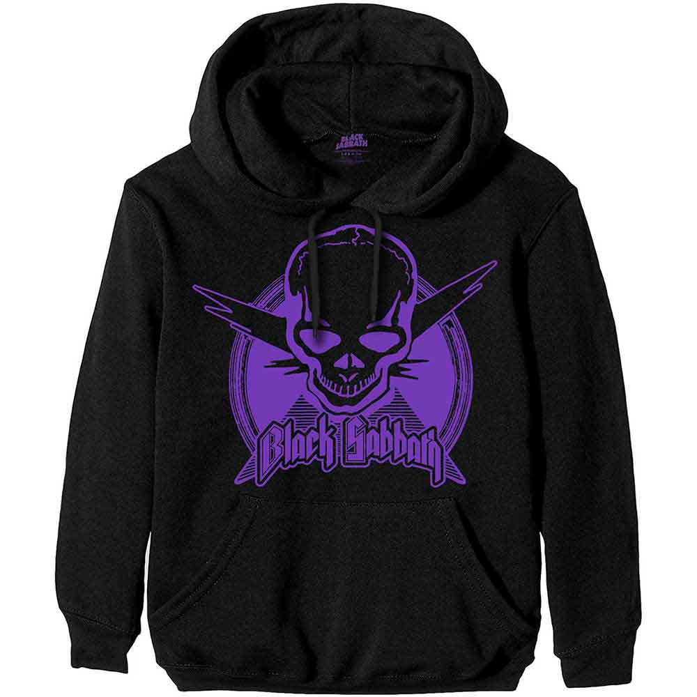Black hoodie with a white Aviation Skull graphic, Black Sabbath logo.