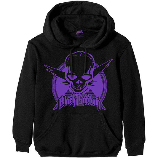 Black hoodie with a white Aviation Skull graphic, Black Sabbath logo.