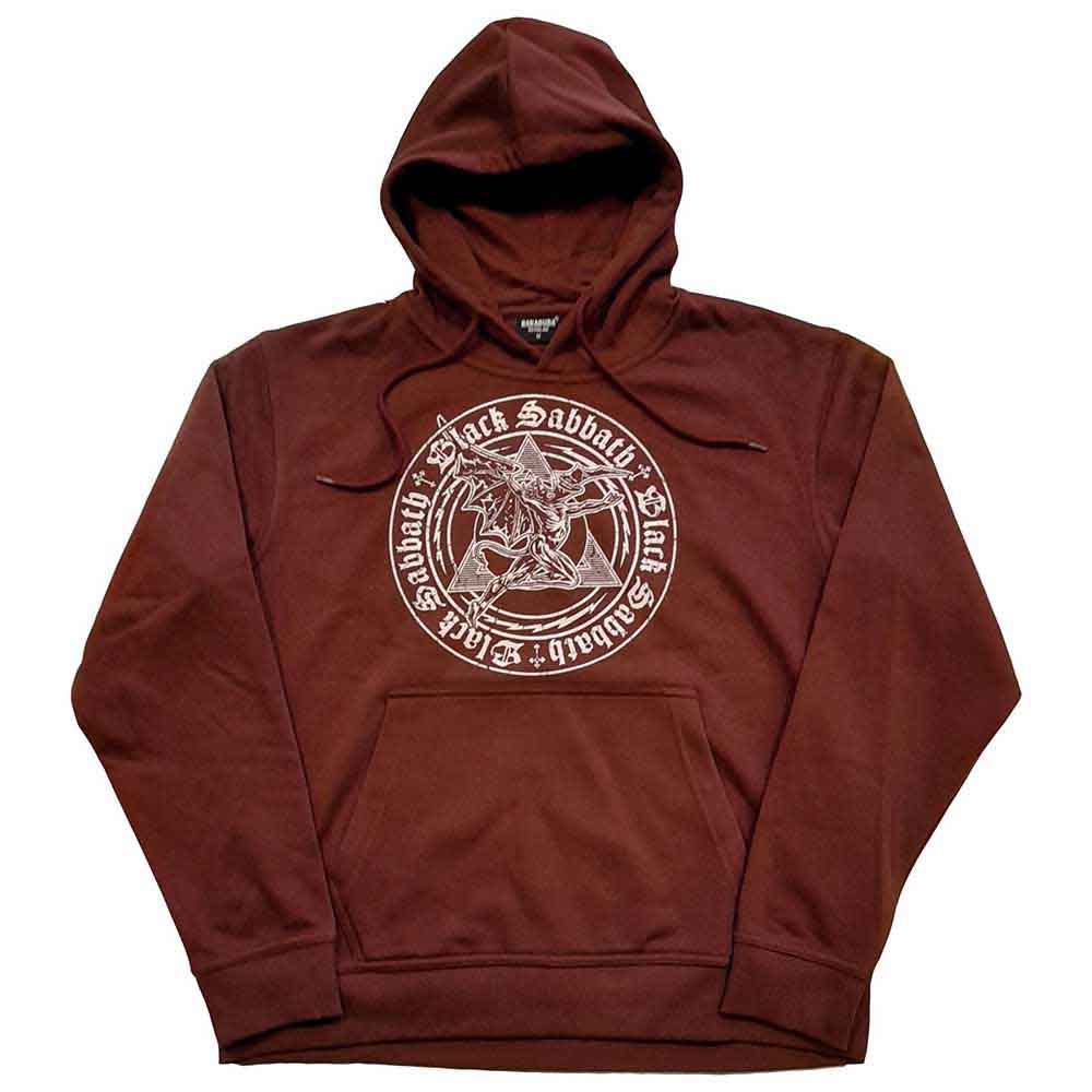 Black hoodie with a pyramid emblem featuring the Black Sabbath band name.
