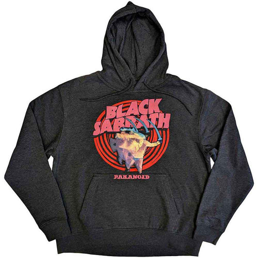 Black hoodie with “Paranoid” album art, likely featuring dark colors and band logo.