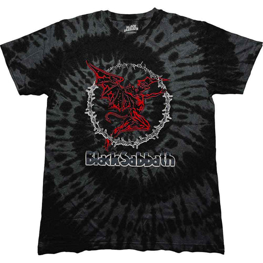 Black t-shirt with red graphic of Black Sabbath’s Henry wash design, size X-Large.