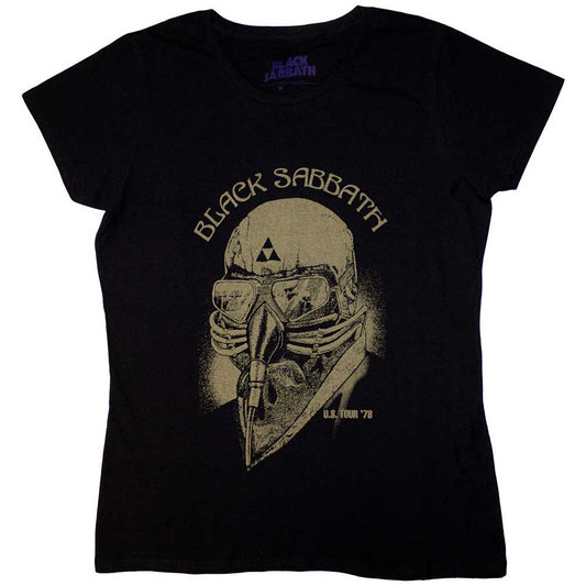 Black t-shirt with a distressed graphic of a skull wearing a helmet.