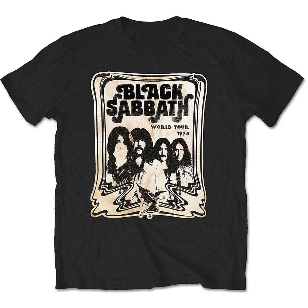 Black t-shirt with a vintage-style Black Sabbath 1978 tour graphic.