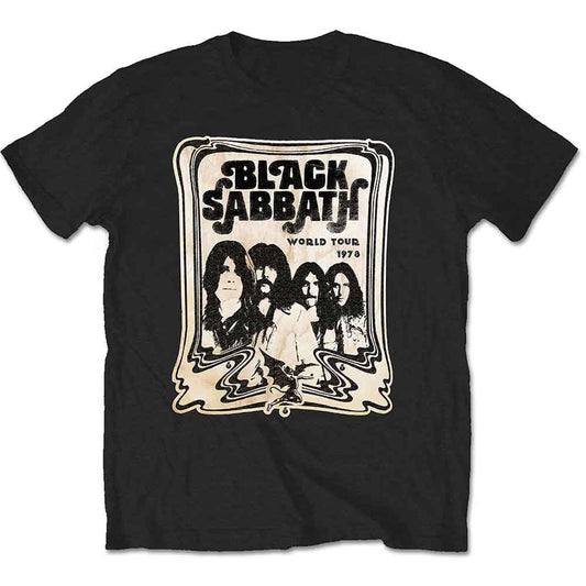 Black t-shirt with a vintage-style Black Sabbath 1978 tour graphic.