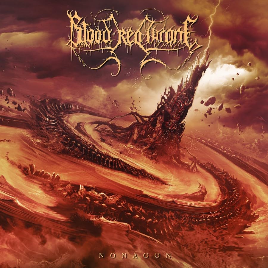 Dark fantasy album cover with a monstrous, thorny figure in a fiery landscape.