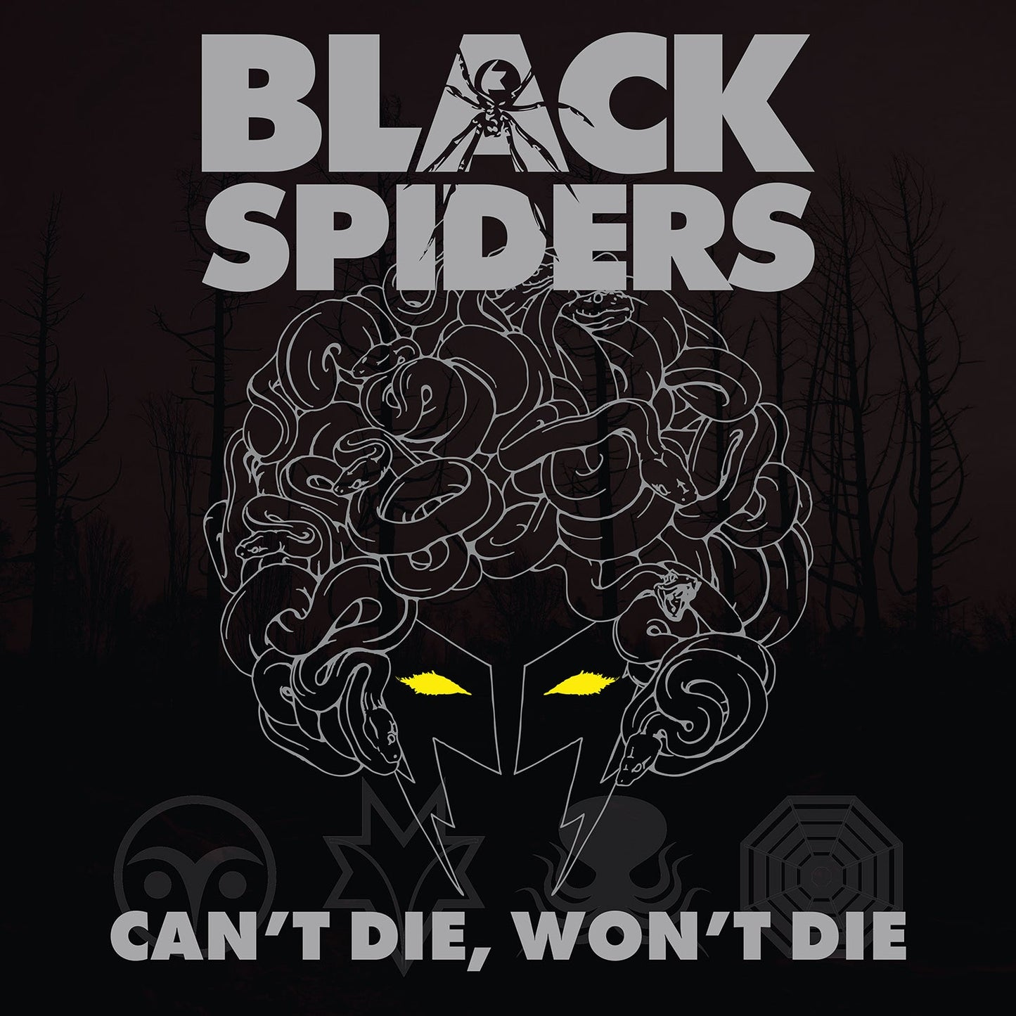 Black Spiders album cover: Medusa-like head with snakes and yellow eyes.