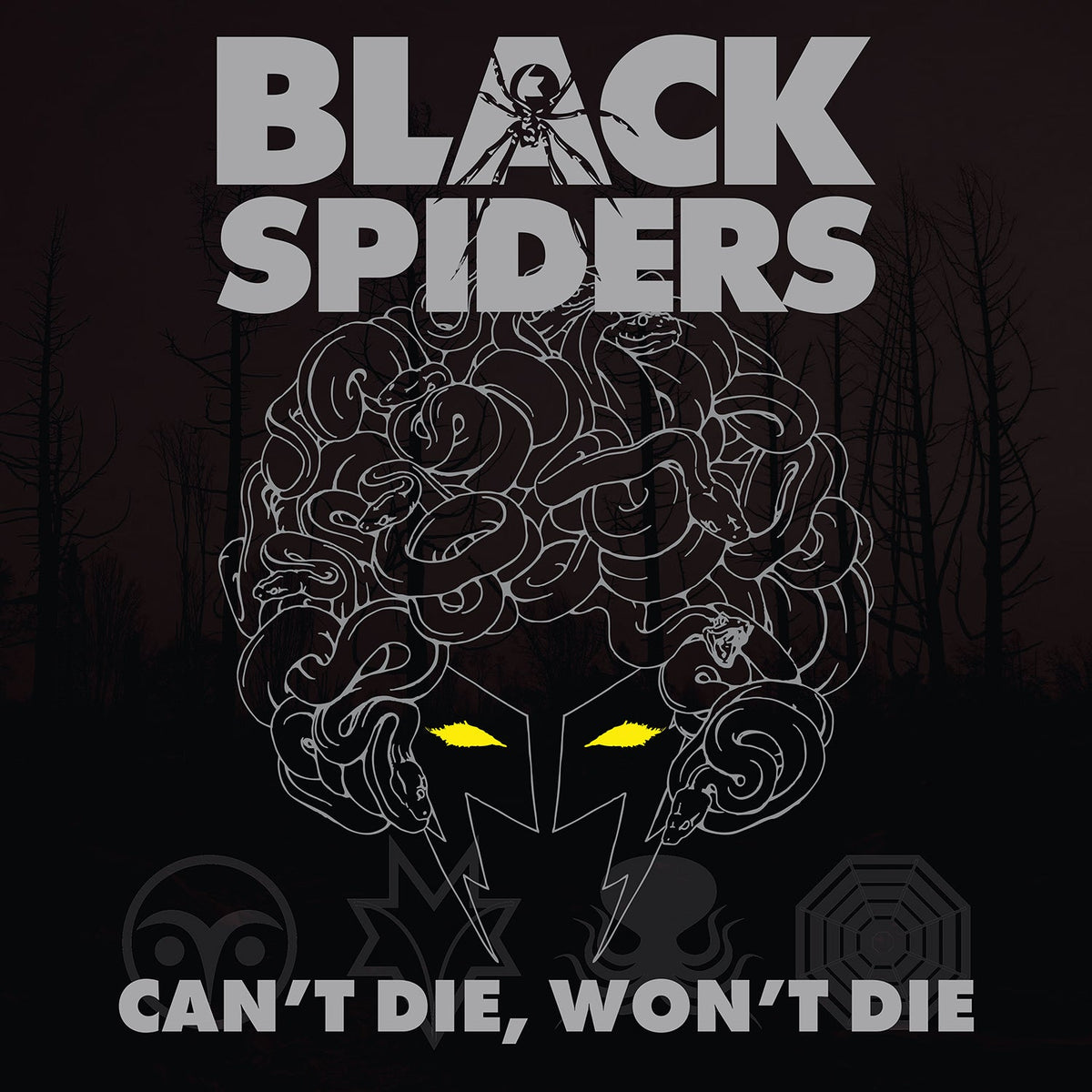 Black Spiders album cover: Medusa-like head with snakes and yellow eyes.