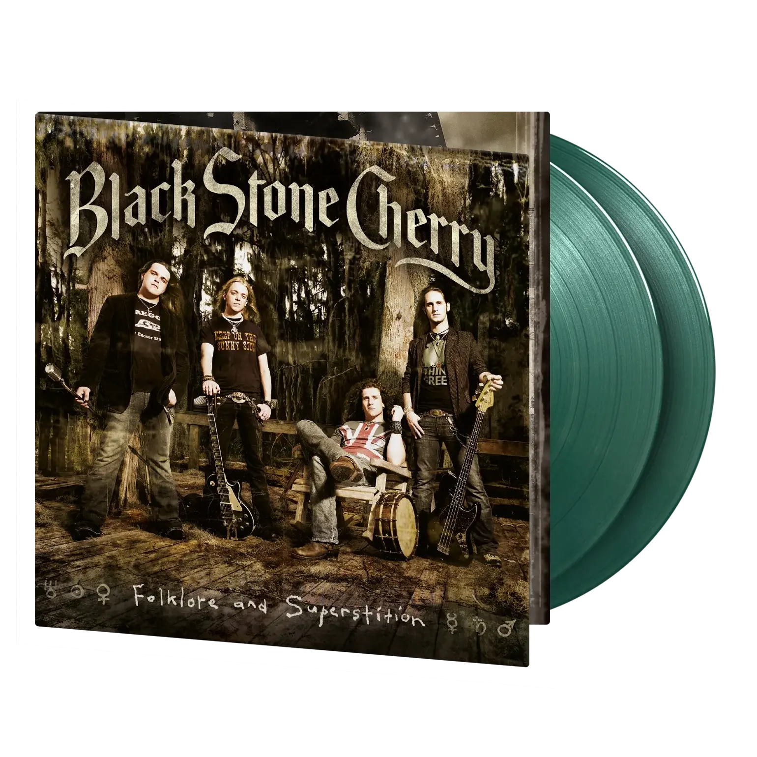 Black Stone Cherry album cover with band members and two green vinyl records.