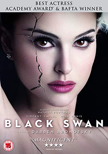 Black Swan" DVD cover featuring Natalie Portman with cracked makeup.