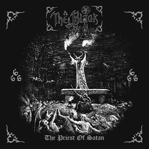 Black and white album cover with robed figure and demons, ornate border.