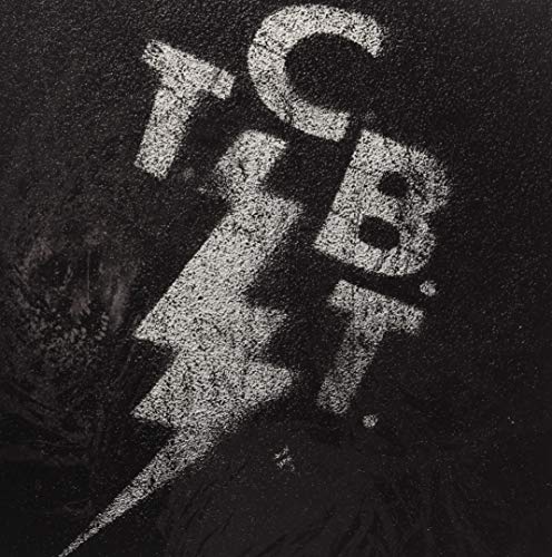 Black and white image of "TCBT" with a lightning bolt design.
