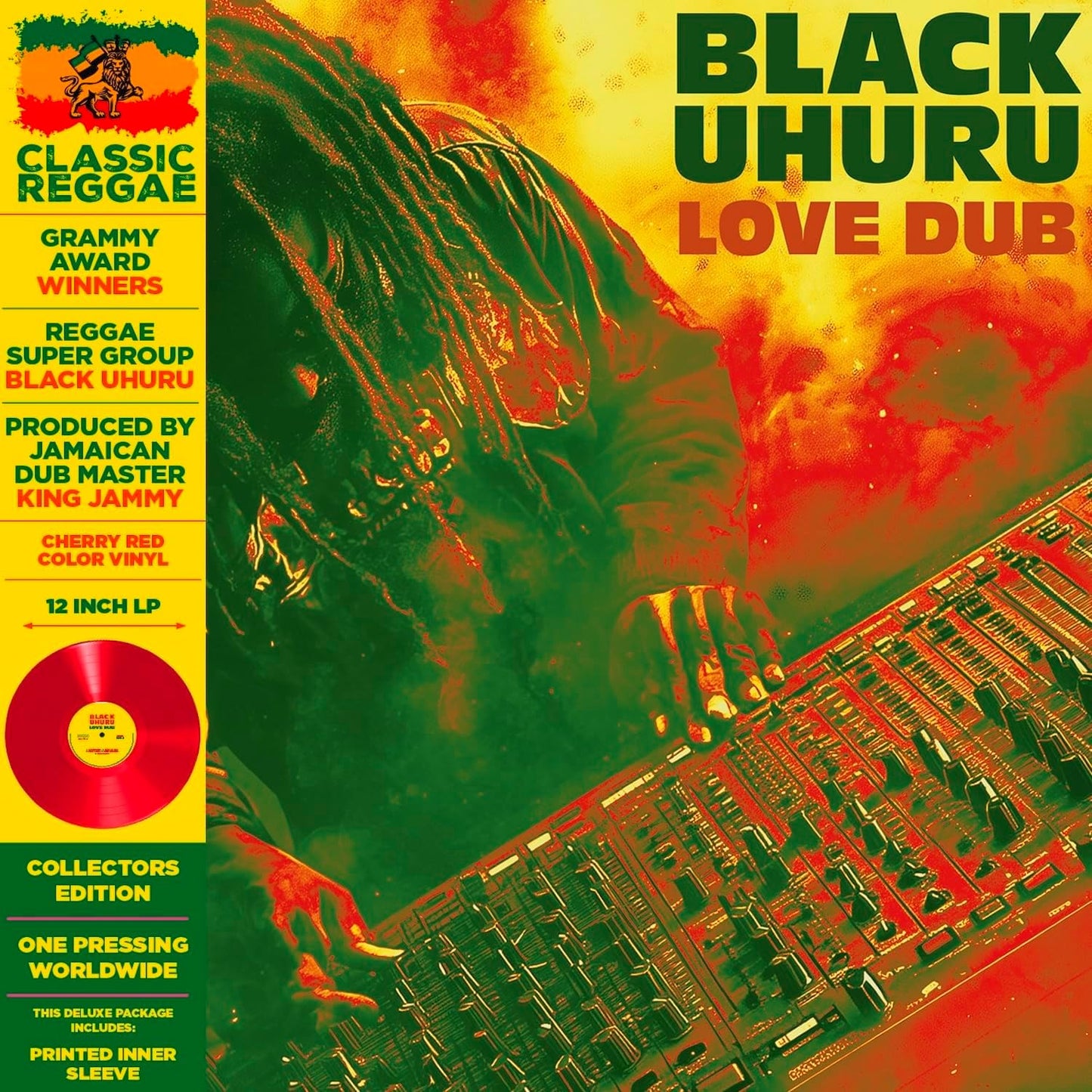 Black Uhuru "Love Dub" vinyl record cover with a portrait and circuitry.