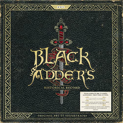Blackadder’s Historical Record vinyl record cover with a sword and ornate lettering.