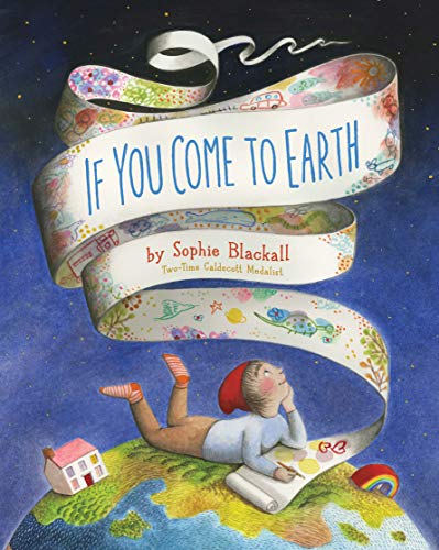 A child in a red hat lies on Earth, drawing on a long, winding ribbon.