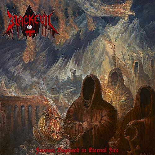 Dark painting of hooded figures amidst flames and a ruined landscape.