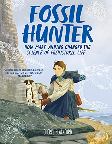 Book cover illustration of Mary Anning with her dog on a beach with fossils.