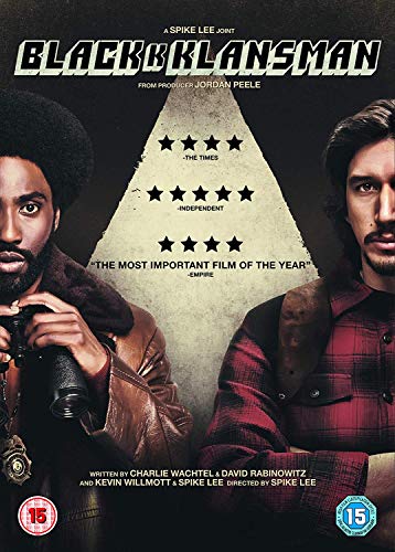 DVD cover for "Blackkklansman" featuring two men, with a rating graphic in the center.