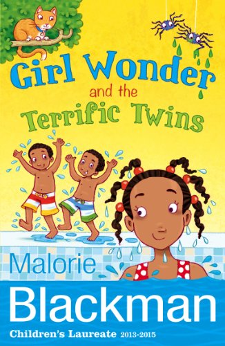 Book cover: children swimming, a cat, and colorful title text.