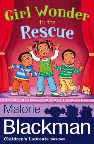 Book cover: three children performing on a stage, red curtains.