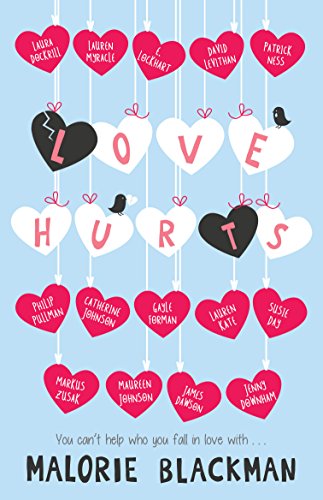 Book cover with red and white hearts spelling LOVE HURTS on light blue background.