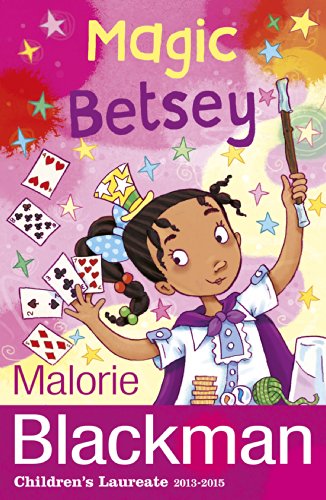 Book cover: young girl with wand, playing cards, and colorful stars.