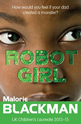 Close-up of a young Black girl with robotic circuitry reflected in her eyes.