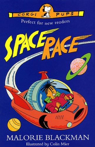 Book cover: "Space Race" shows a child piloting a red rocket through space.