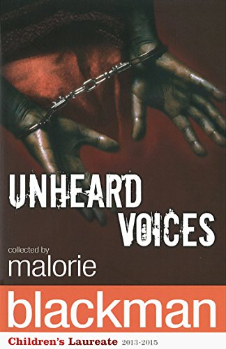 Book cover: hands in chains with title “Unheard Voices” and author name.