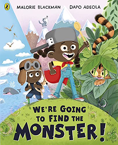 Children with tools search for a monster in a colorful landscape.