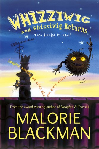 Book cover: fuzzy alien creature, black cat, and a signpost under stars.