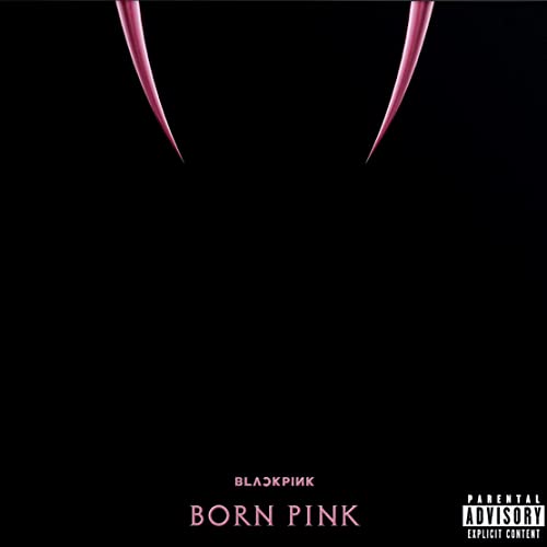 BLACKPINK "BORN PINK" album cover: black background with pink curved shapes and text.