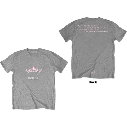 Grey t-shirt with a pink crown and "Blackpink" logo graphic.