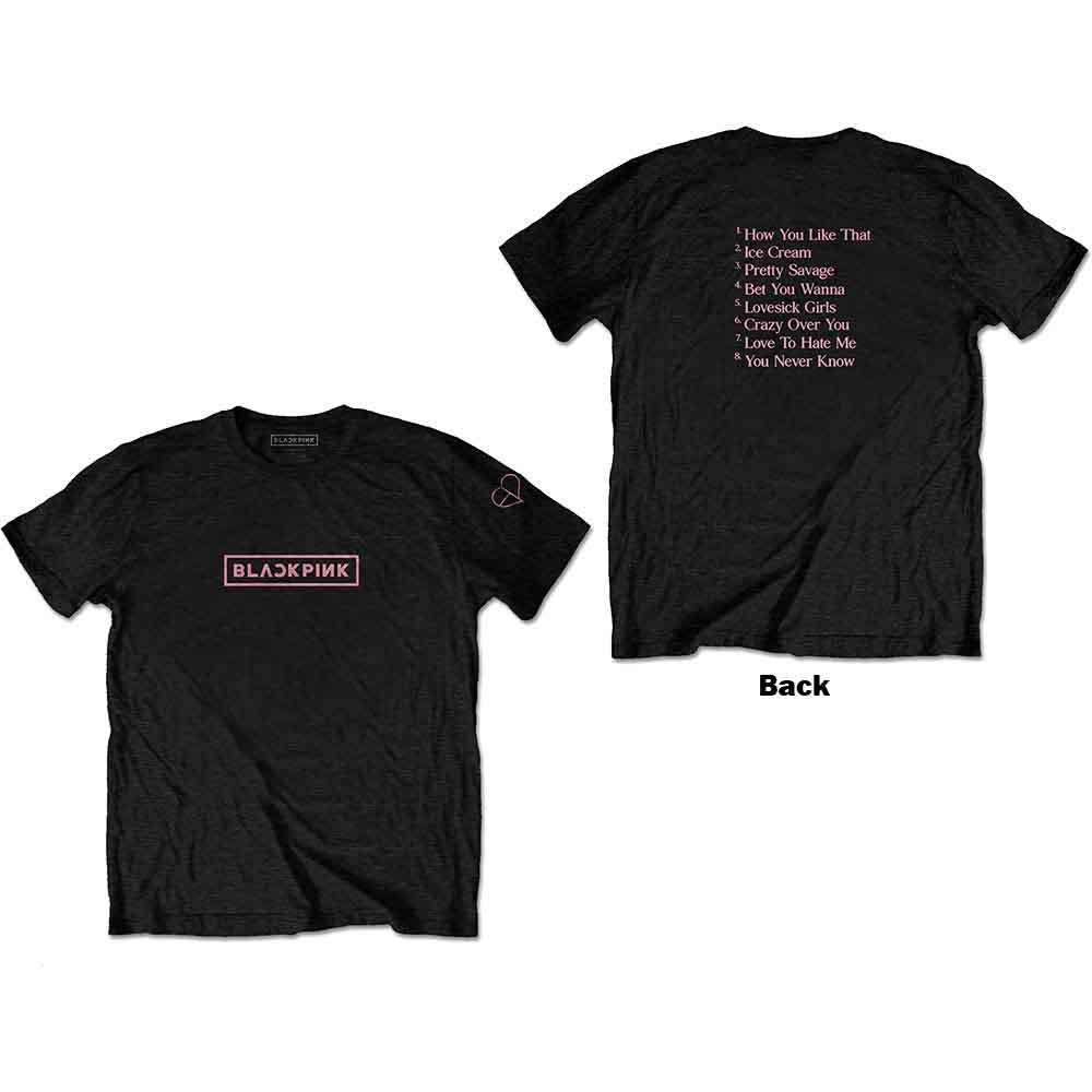 Black t-shirt with pink "Blackpink" logo, worn by a man.