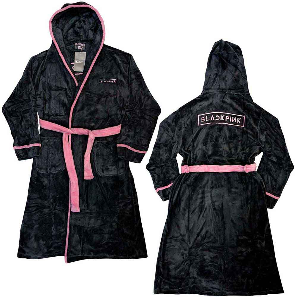 Pink BlackPink logo bathrobe with black trim and tie belt.