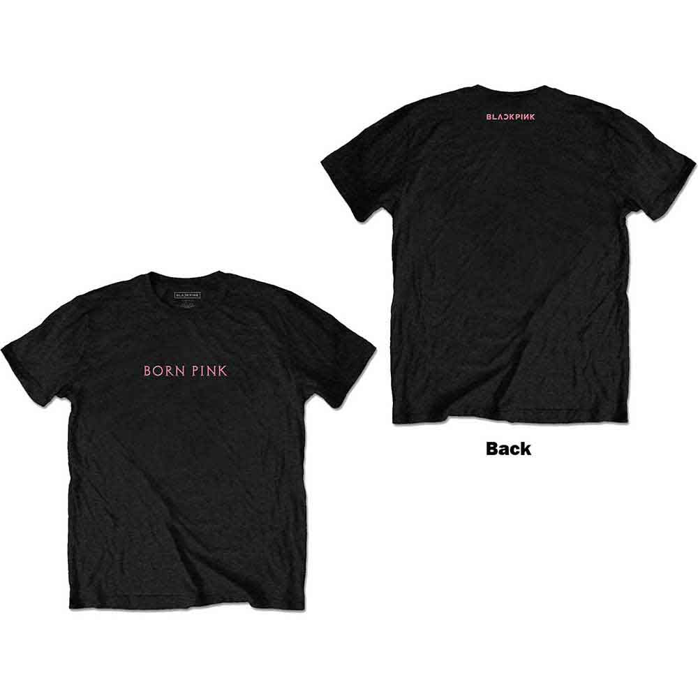 Black t-shirt with "Born Pink" design printed on the back, unisex style.
