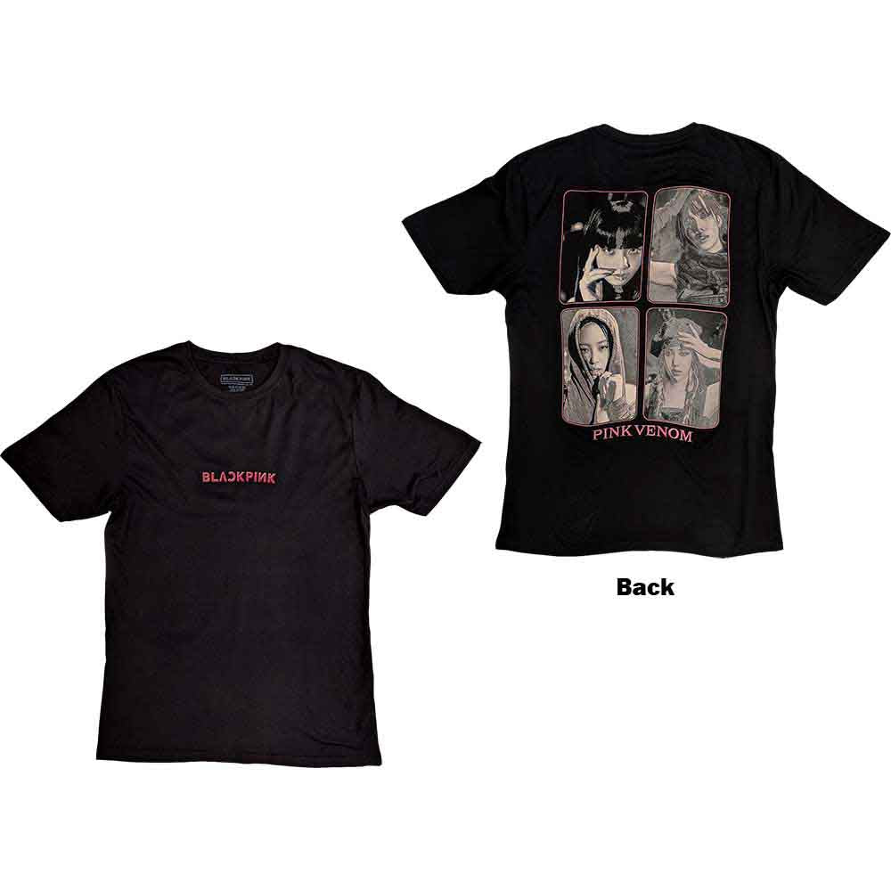 Black unisex t-shirt with a large Pink Venom group photo on the back.