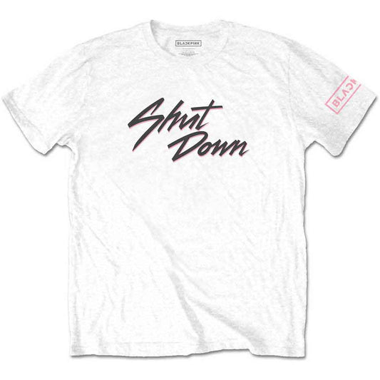 Black unisex t-shirt with “Shut Down” sleeve print, size X-Large.