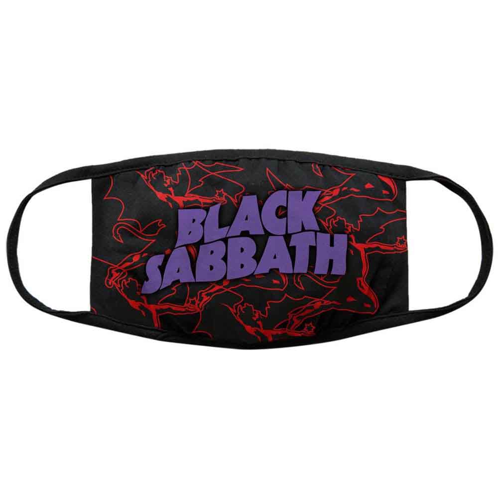 Black face covering with red and white Black Sabbath logo print.