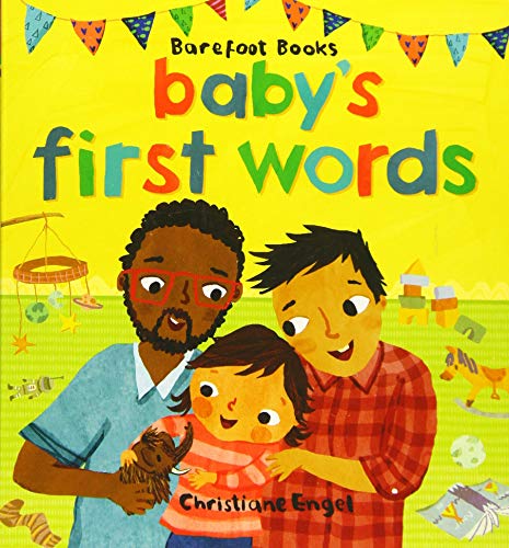 Book cover with illustrated family and colorful bunting, titled "Baby's First Words.