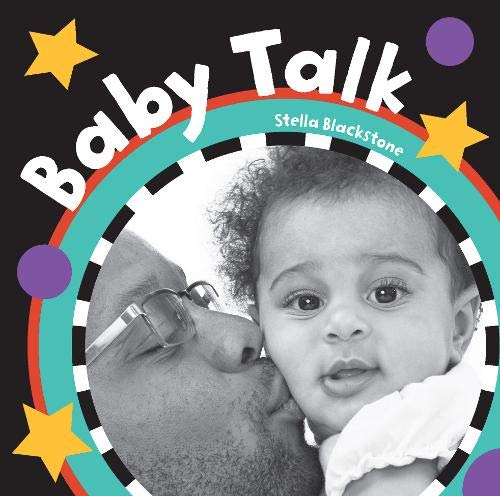 Black and white photo of a baby and adult, colorful circular design.