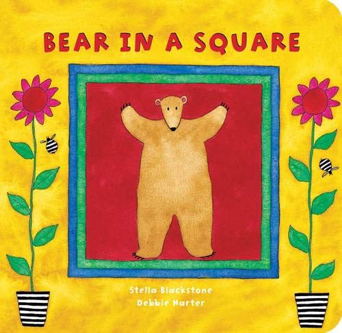 Brown bear standing within a blue and red square frame, with flowers.
