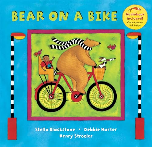 A brown bear wearing a striped scarf rides a red bicycle with a child.