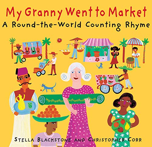 Illustrated book cover showing a woman in a pink dress surrounded by market vendors.