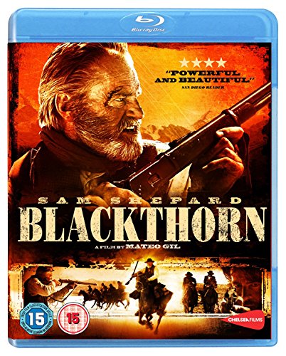Blu-ray cover for Blackthorn starring Sam Shepard with a rifle against an orange background.