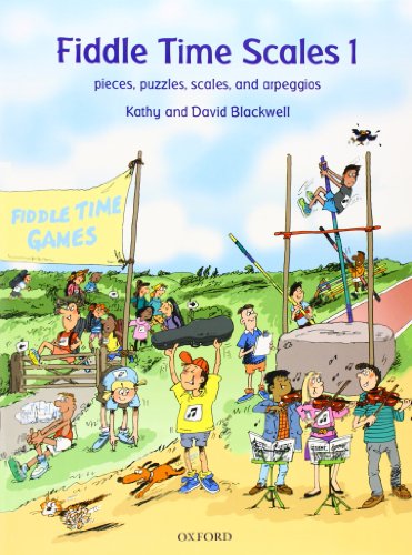 “Fiddle Time Scales 1” book cover with cartoon children playing music.