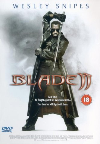 Wesley Snipes as Blade, holding a sword, on a DVD cover.