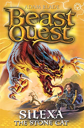 Book cover featuring a fierce, red and gold stone cat with a boy.