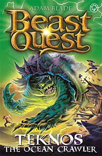 Book cover depicting a large, green sea monster attacking a coastal village.