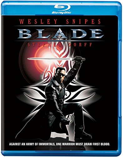 Blade" Blu-ray cover featuring Wesley Snipes holding a sword, red and black design.