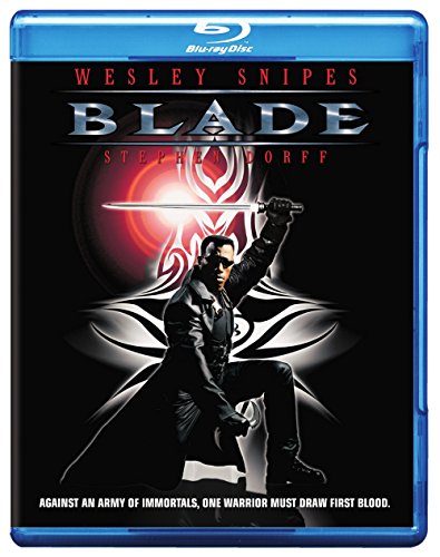 Blade" Blu-ray cover featuring Wesley Snipes with a sword, dark background.